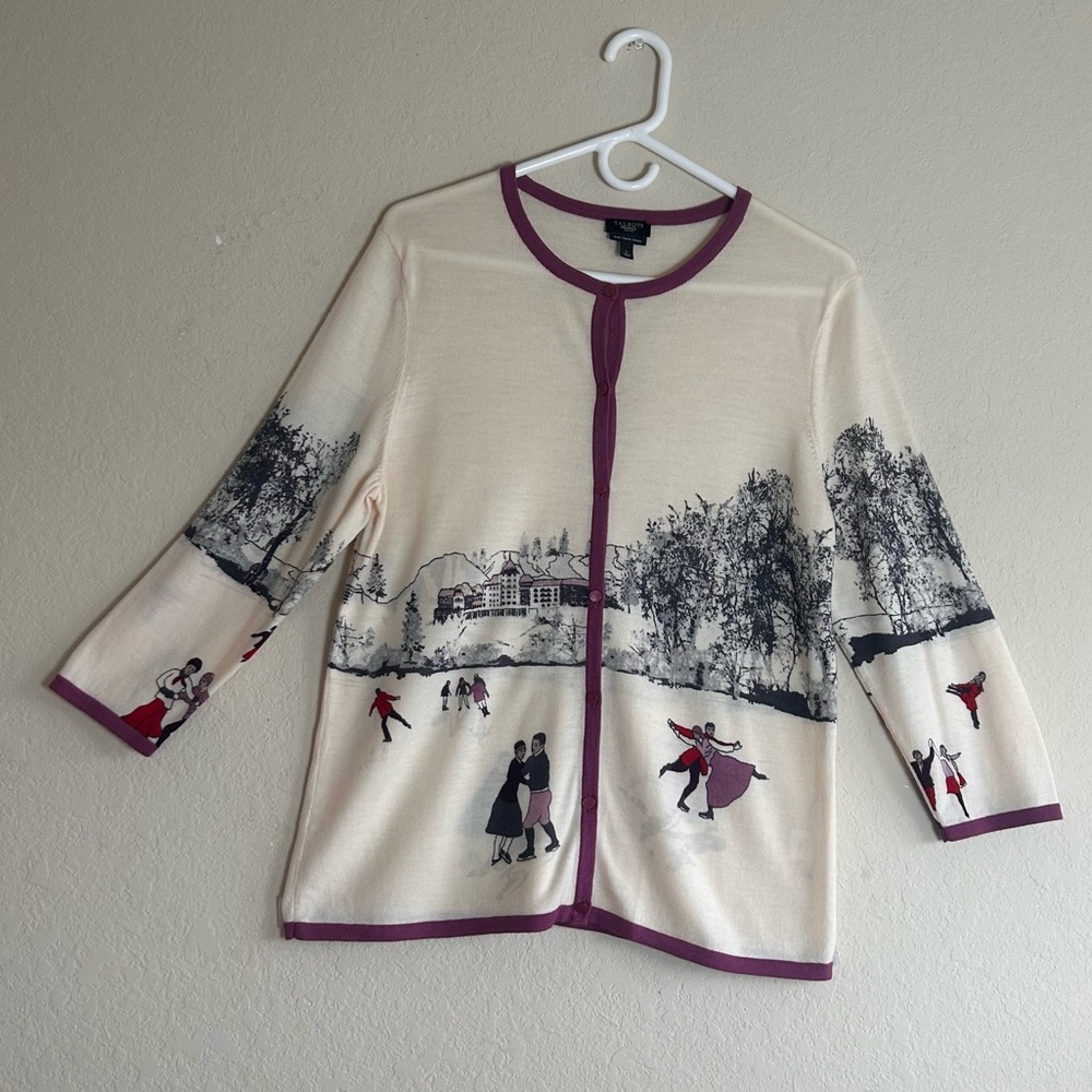 Talbots Petites Sweater Size PL Italian Merino Wool Cardigan Scenic Print~Defect